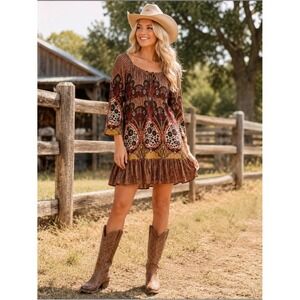 FIRE Los Angeles Boho Print Mini Dress Size Small Western Festival Chic